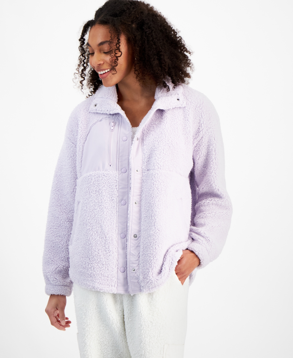 Juniors' Snowflake Sherpa Snap-Front Jacket & Sherpa Claw Clip - Pink Plaid