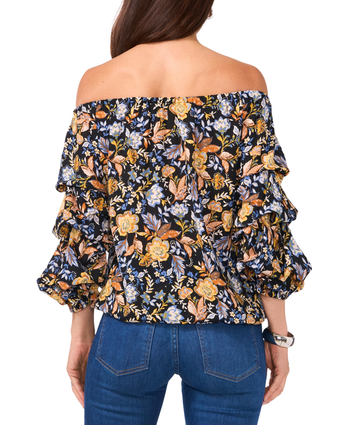 Shop Vince Camuto Women's Floral Off-the-shoulder Bubble 3/4-sleeve Tie-front Blouse In Rich Black