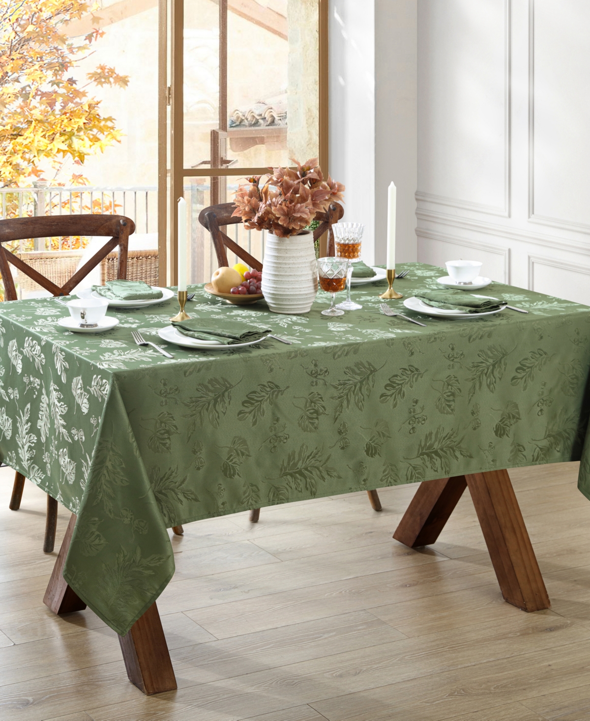 Elrene Elegant Woven Leaves Jacquard Damask Rectangle Tablecloth, 60" X 144" In Olive