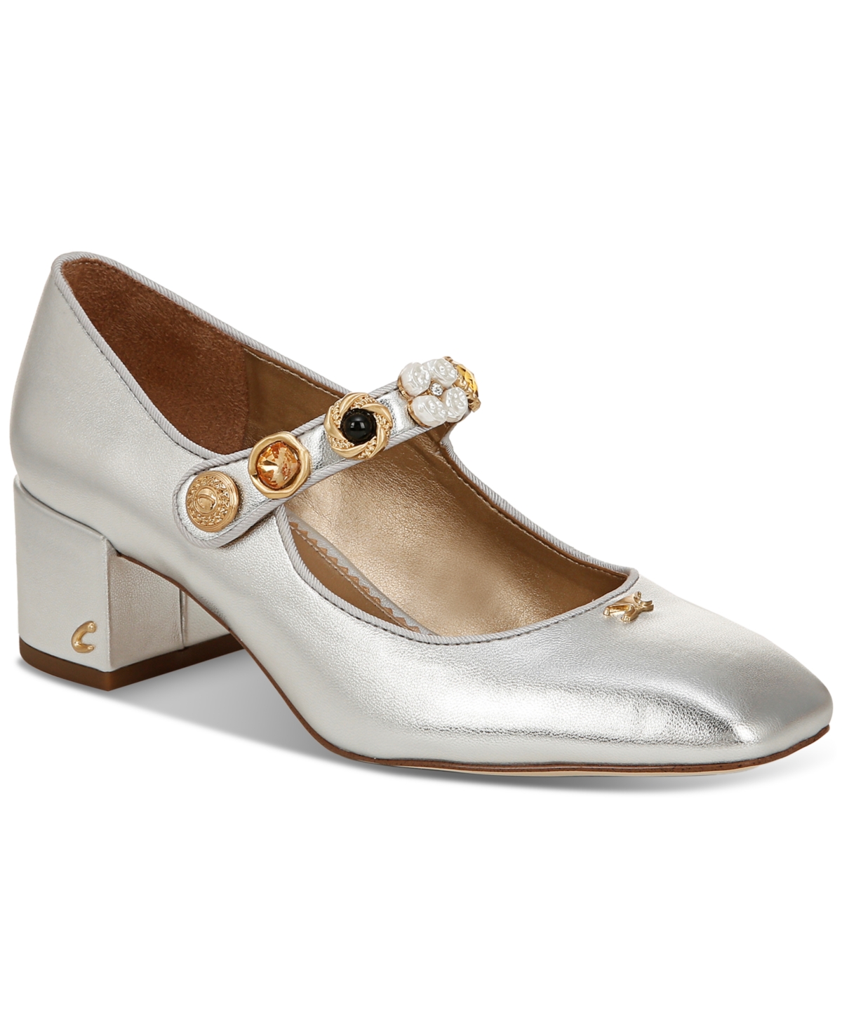 Elaine Embellished Mary-Jane Block-Heel Pumps - Soft Silver Metallic