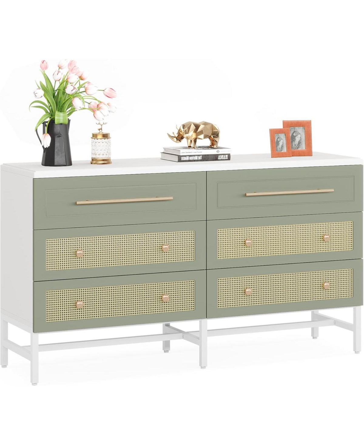Tribesigns 6 Drawer Dresser, Modern Rattan Dresser for Bedroom, 55 inch Long Double Dresser Wood Storage Organizer Chest of Drawers for Closet Living