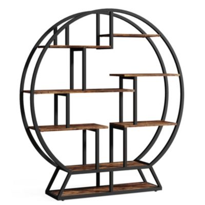 Bookshelf, Round Bookshelves Etagere Bookcase, Rustic Open Shelving Organizer Rack Display Shelf for Home Office, Living Room
