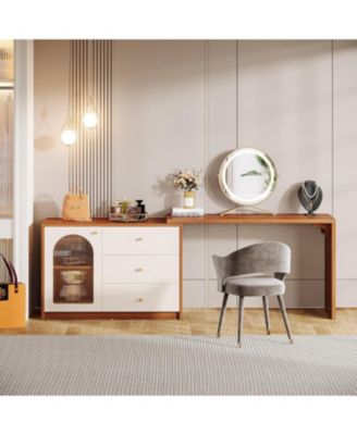 Modern Makeup Vanity, Retractable Large Vanity Desk with 3 Drawers and Cabinet, Makeup Corner Dressing Table (Without Mirror)