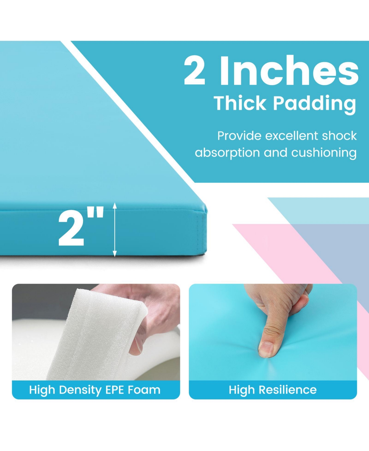 Skonyon 4-Panel Pu Leather Folding Exercise Mat with Carrying Handles-Pink &- Blue