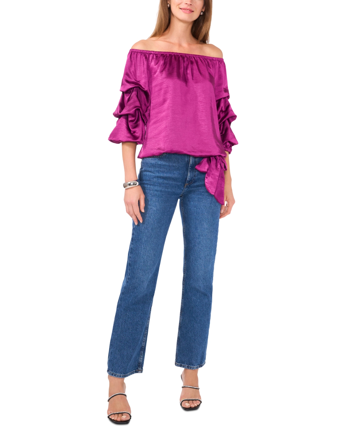 Vince Camuto Women's Off The Shoulder Bubble Sleeve Tie Front Blouse