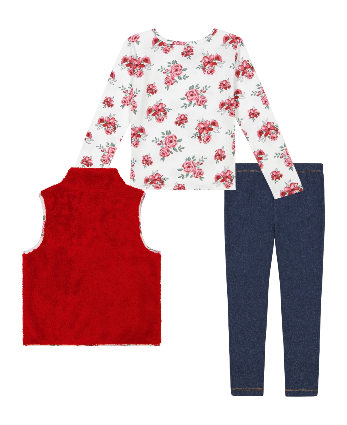 KIDS HEADQUARTERS TODDLER AND LITTLE GIRLS FLORAL TRIM SHERPA VEST & LEGGINGS, 3 PIECE SET 