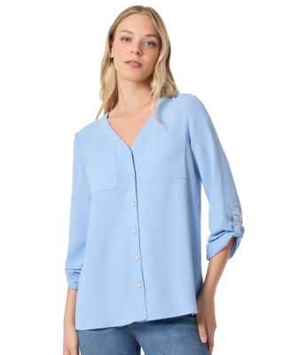 Jones New York - Petite Collarless V-Neck Tunic Blouse