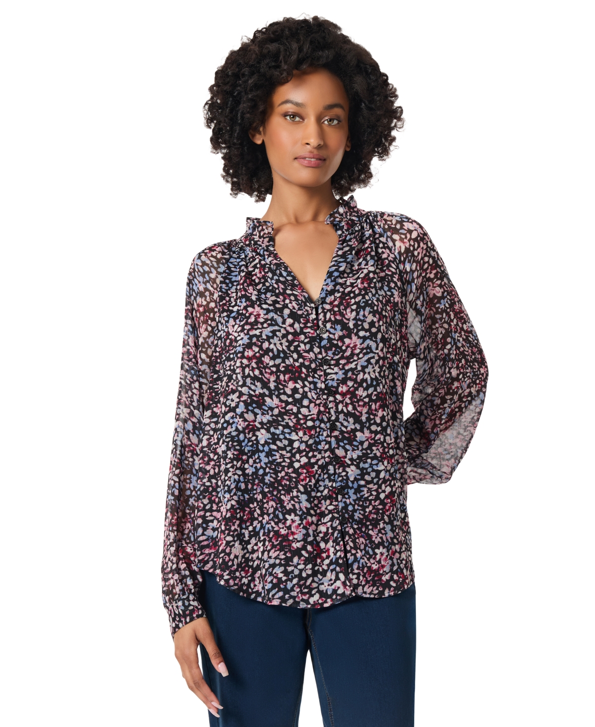Jones New York Petite Floral-Print Raglan-Sleeve Peasant Blouse