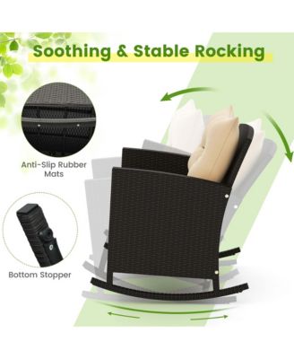 3 PCS Patio Wicker Rocking Set with Tempered Glass Table & Soft Cushions Outdoor