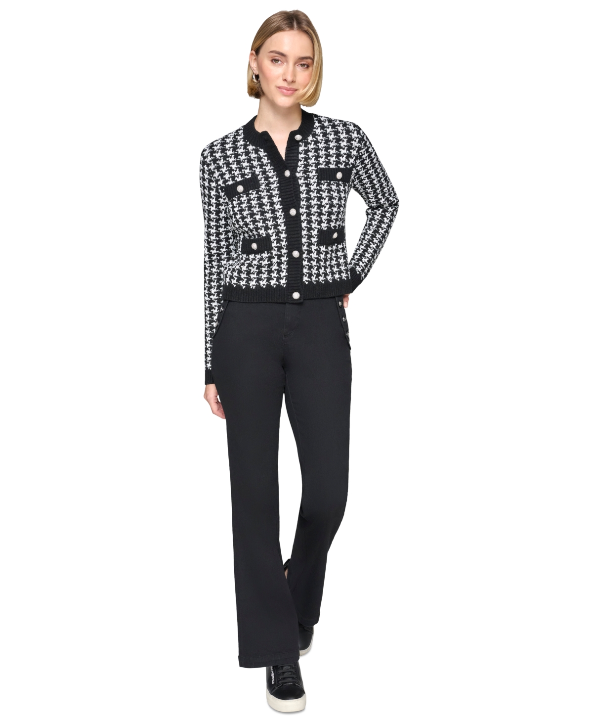 Karl Lagerfeld Paris Petite Houndstooth Cardigan Sweater -Soft White