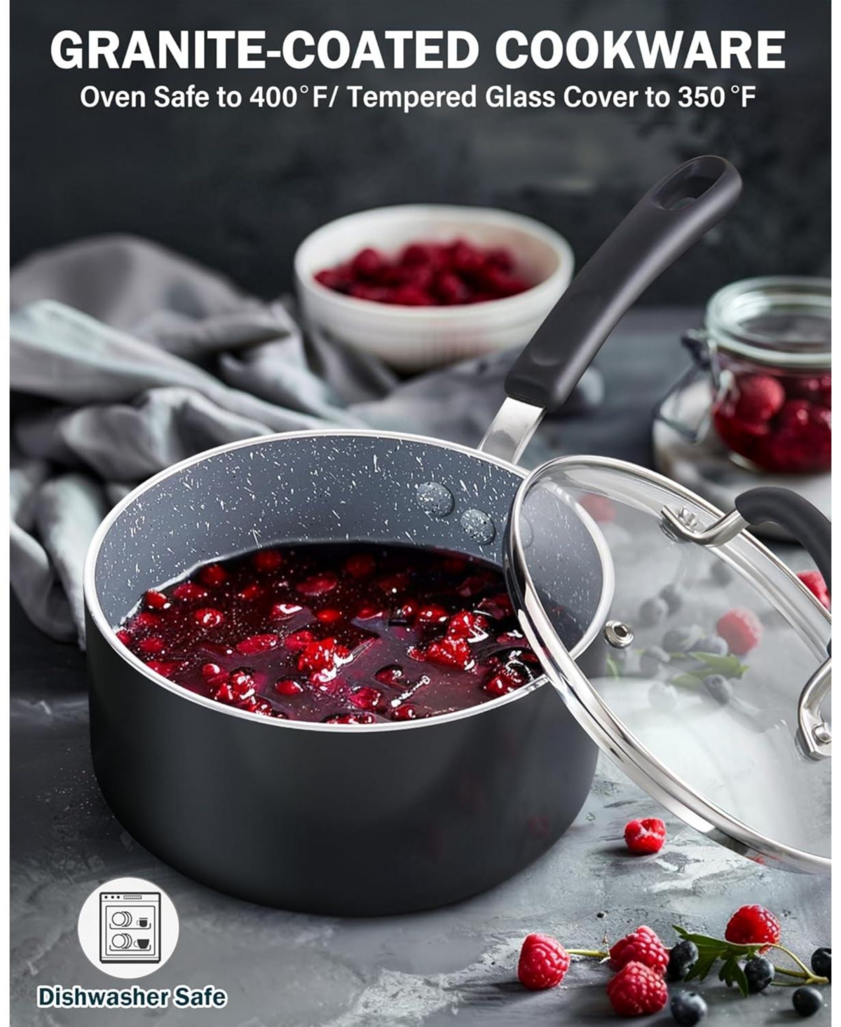 Cook N Home 1-Quart Professional Granite Nonstick Saucepan with Lid with Stay-Cool Silicone Handle, Marble