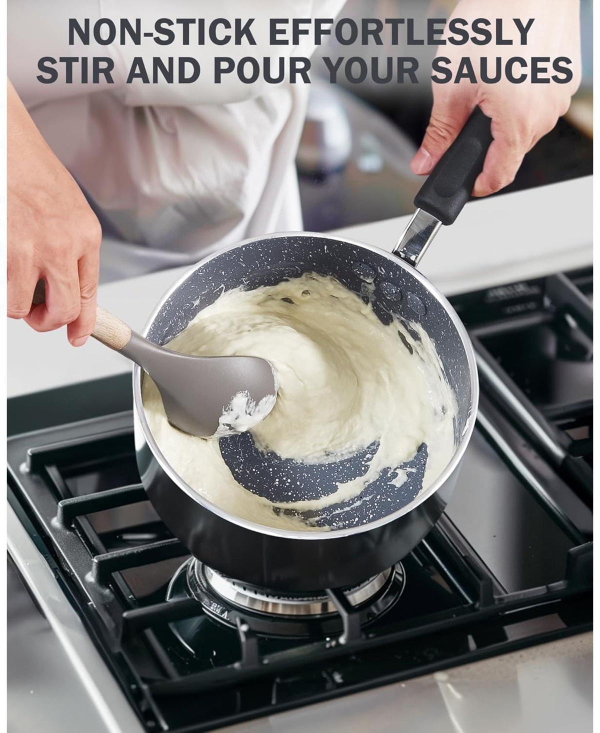 Cook N Home 1-Quart Professional Granite Nonstick Saucepan with Lid with Stay-Cool Silicone Handle, Marble