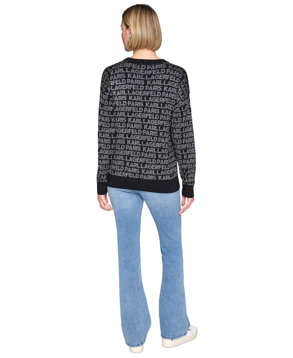 Karl Lagerfeld Paris Women's Logo Signature Crewneck Sweater, Regular & Petite -Gunmetal