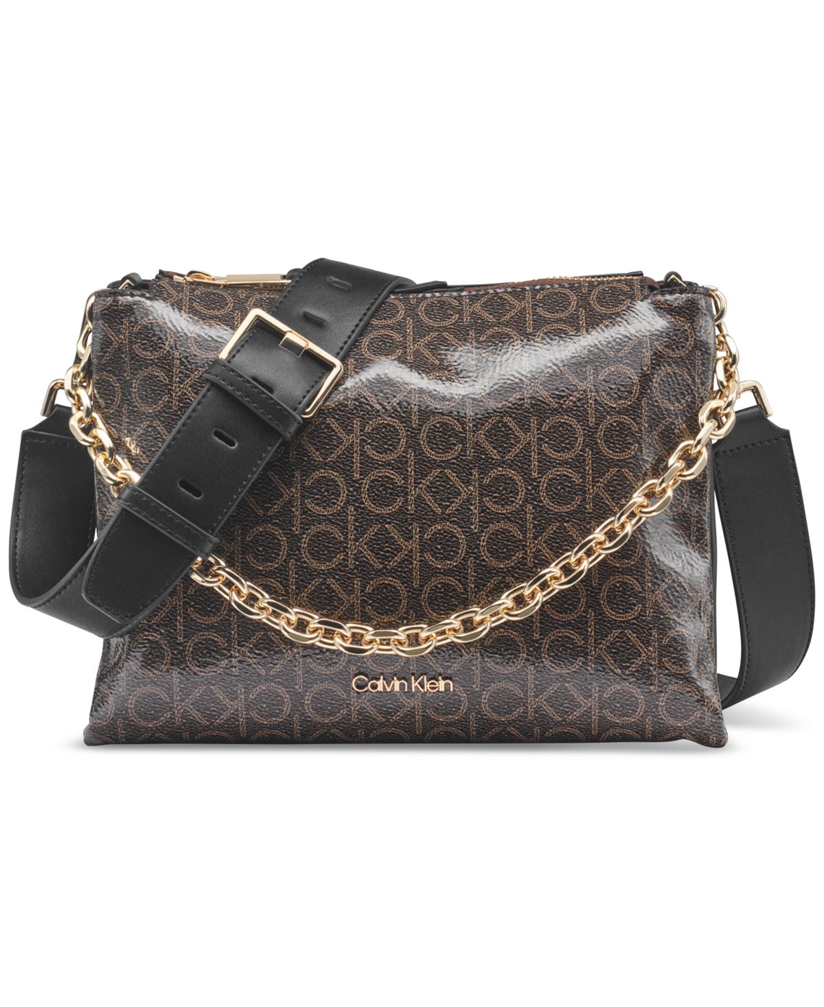 CALVIN KLEIN RAIN SIGNATURE TOP ZIPPER DUAL STRAP CHAIN CROSSBODY 