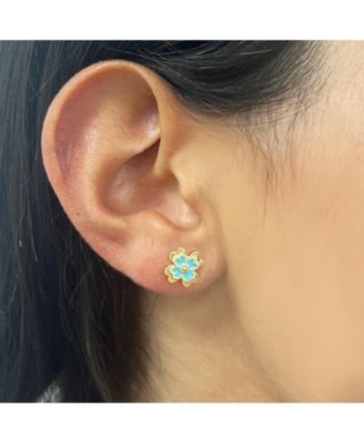 Blue Enamel Four Leaf Clover Stud Earrings 14K Gold