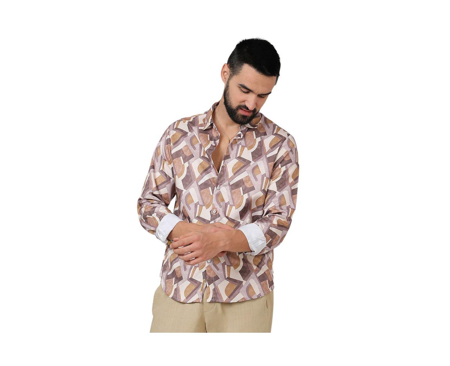 Men's Pale Yellow & Mocha Brown Abstract Block Shirt