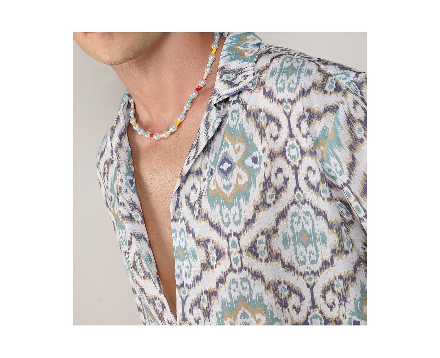 Men's Ivory White & Sage Green Ikkat Shirt