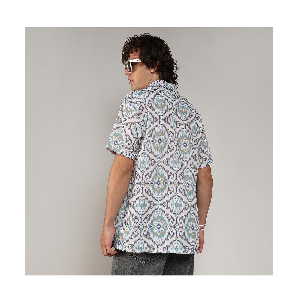 Campus Sutra Men's Ivory& Sage Green Ikkat Shirt - White