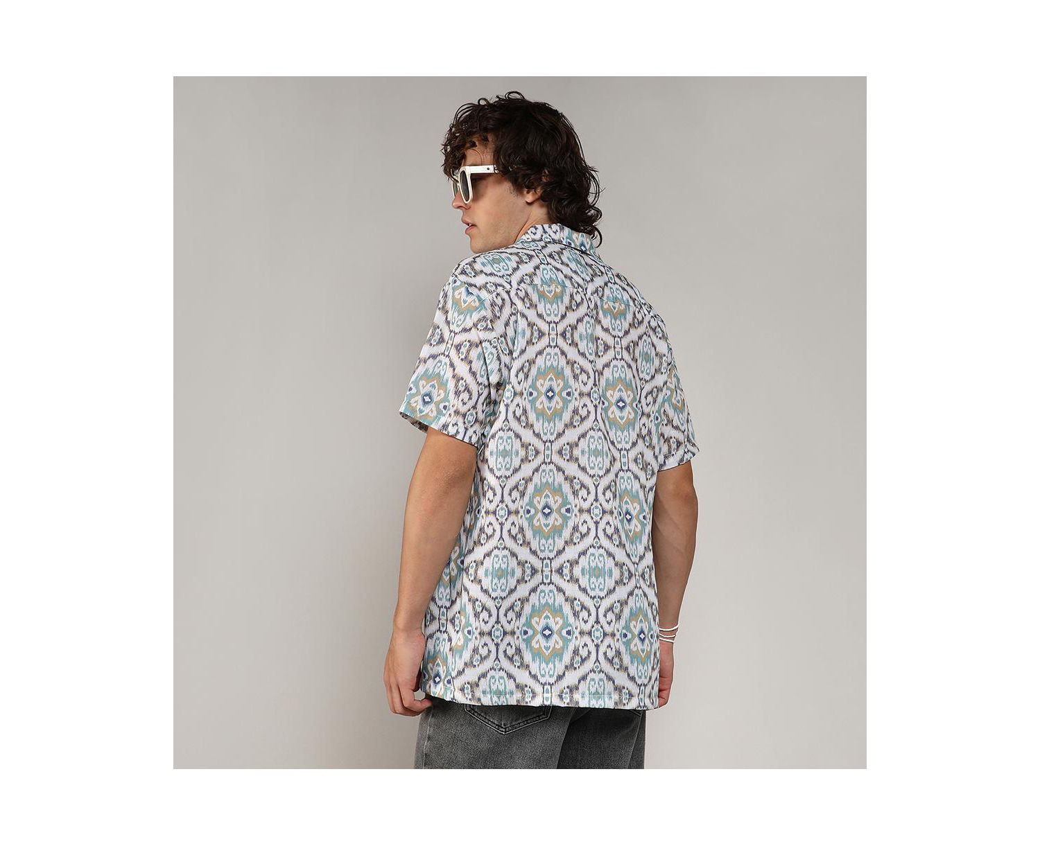 Men's Ivory White & Sage Green Ikkat Shirt
