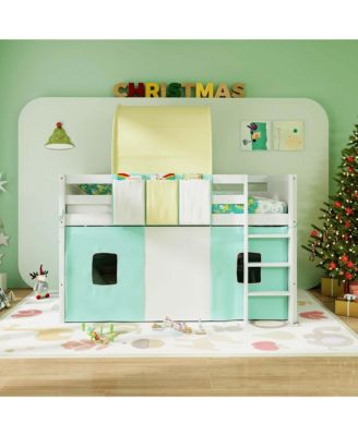 Twin Loft Bed with Tower & Tent 3 Storage Pockets Safety Guardrail and Ladder