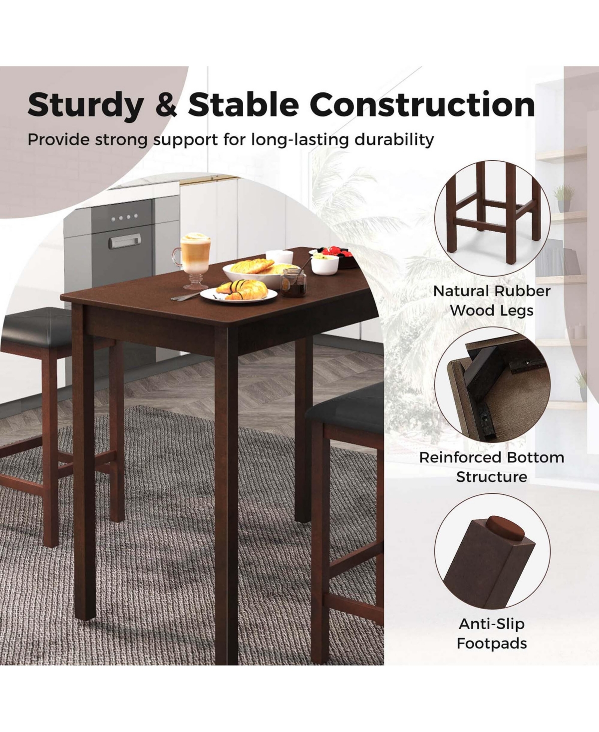 Costway 3 Pcs Bar Table Set Dining Table & 2 Pvc Leather Upholstered Bar Stools
