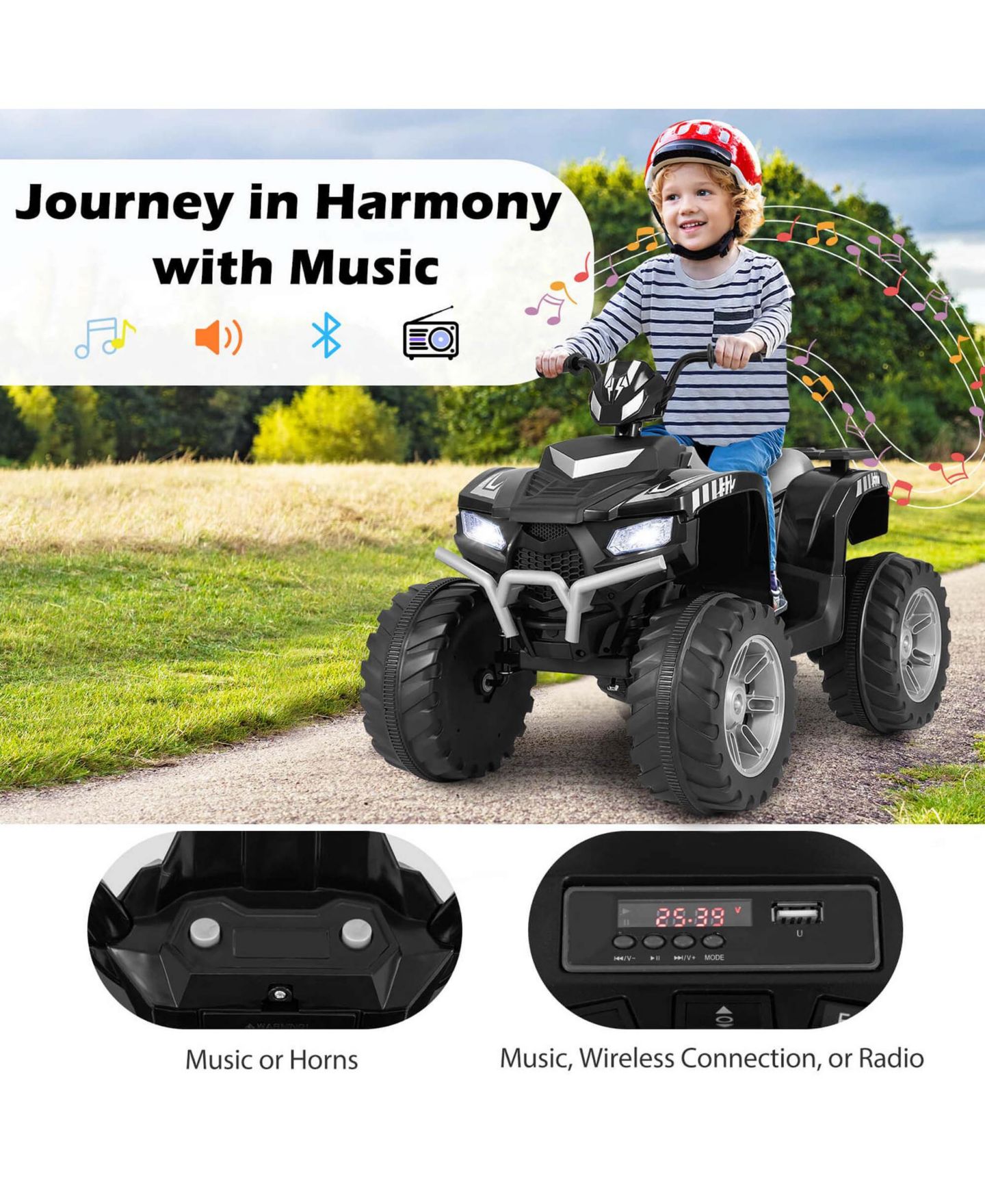 Детская игрушка Costway 24V Kids Ride-On Electric Quad Car with Wireless Connection, 77 lb. Capacity, Ages 3-8, цвет: Чёрный — фото 2