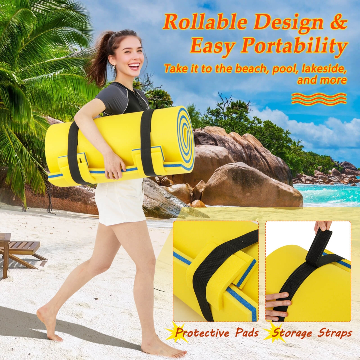 Costway 3-Layer Tear-Resistant Foam Floating Pad Island Water Sports Relaxing Orange - Yellow+blue