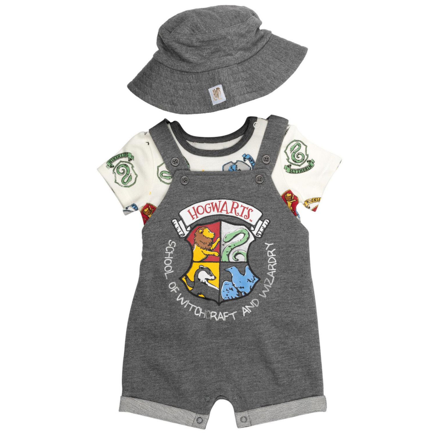 Baby Boys' (Newborn-24M) Hermione, Hedwig & Ron Weasley French Terry Short Overalls, T-Shirt & Hat 3-Piece Outfit Set