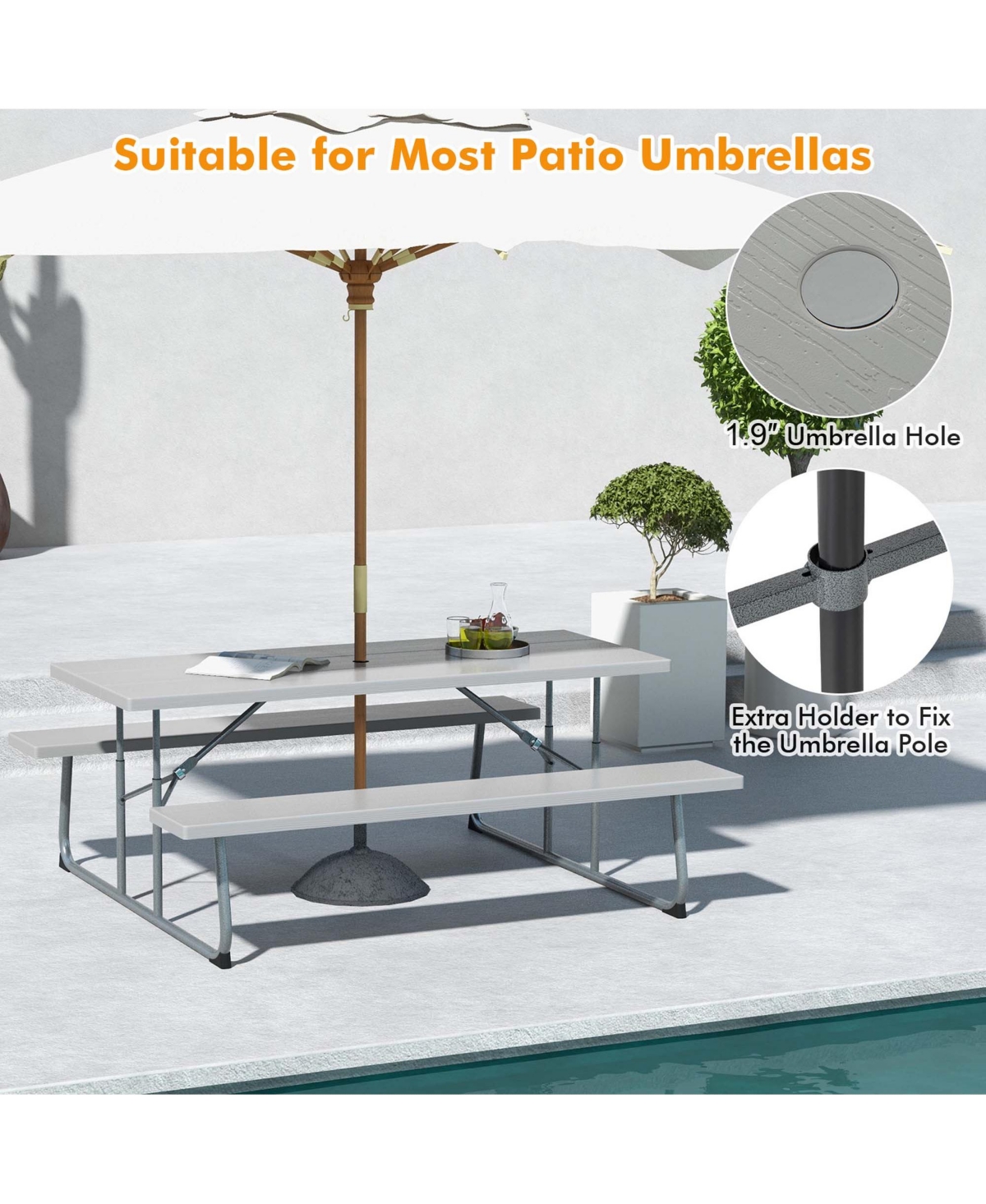 Costway Folding Picnic Table with Wood-like Tabletop, Umbrella Hole, 2 Benches for 8 Person