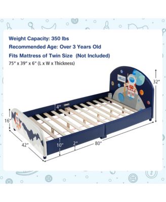 Kids Upholstered Platform Bed Children Twin Size Wooden Bed Astronaut Pattern