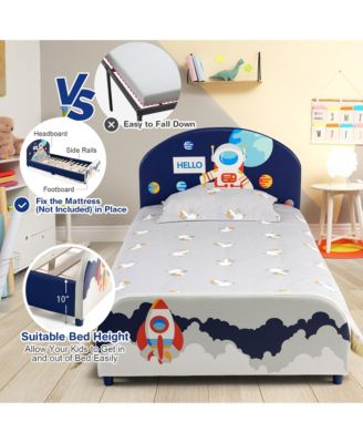 Kids Upholstered Platform Bed Children Twin Size Wooden Bed Astronaut Pattern