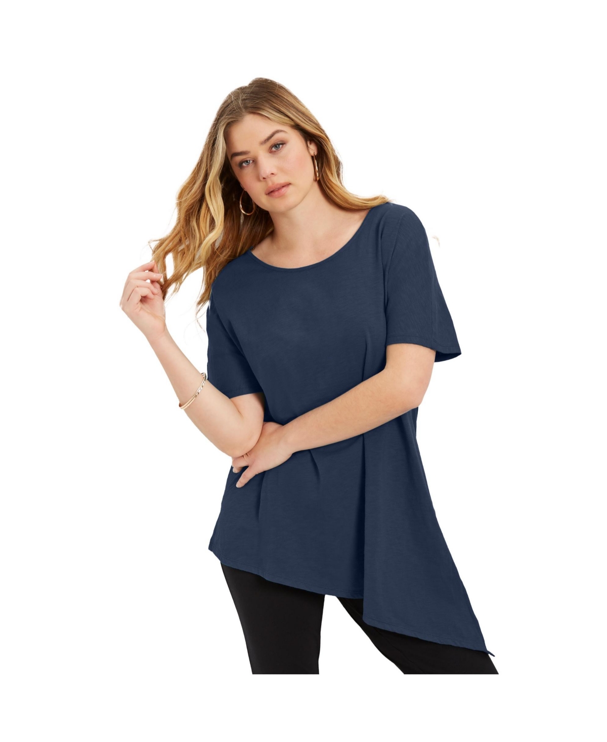 Plus Size June + Vie Short-Sleeve Asymmetrical Tunic - Navy