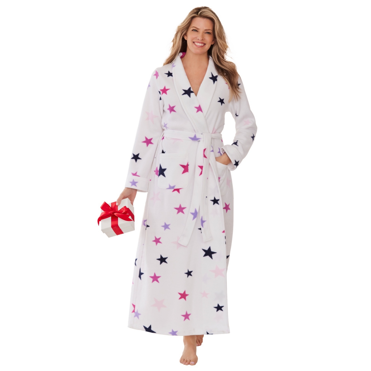 Plus Size Plush Wrap Robe - White stars