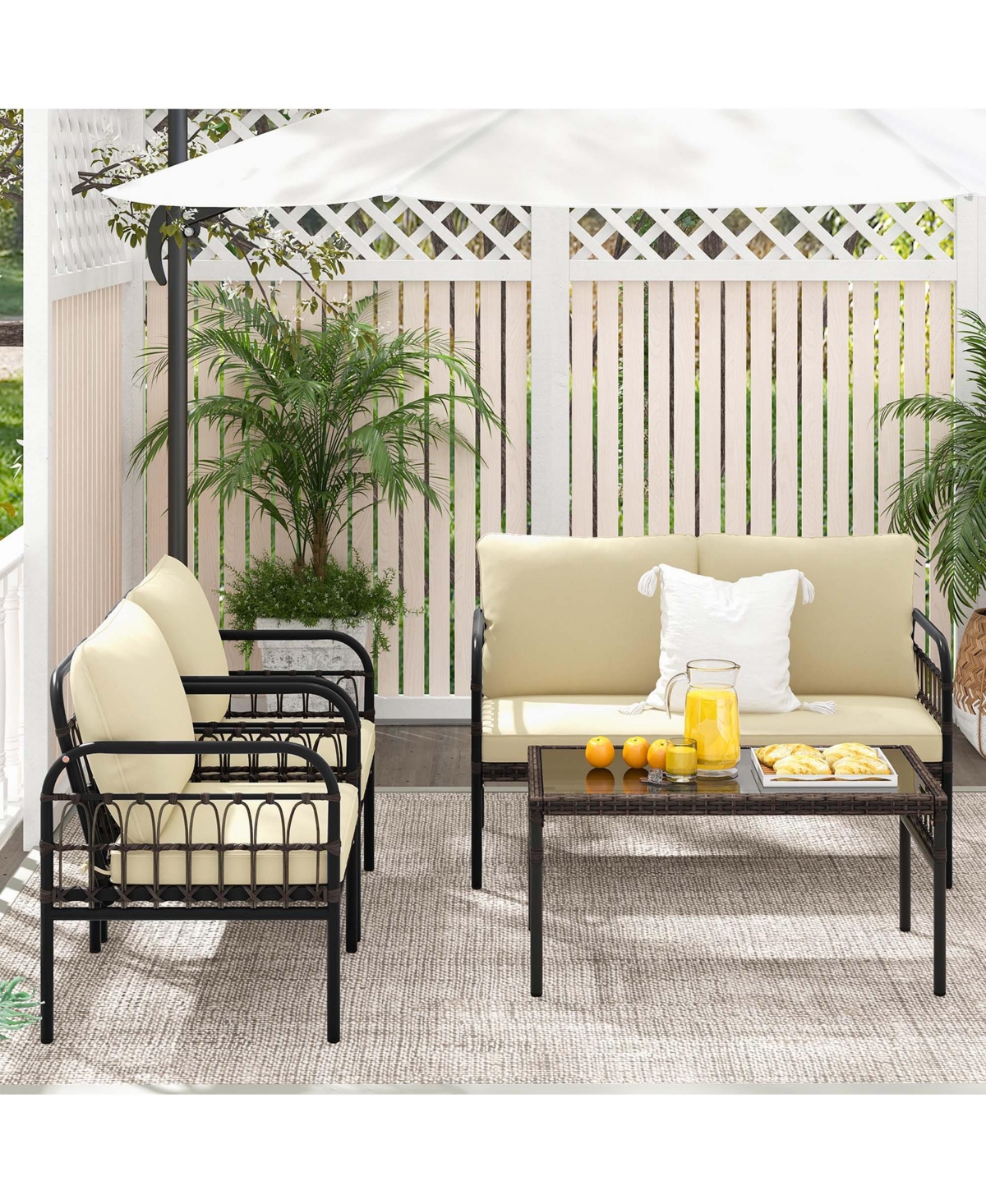 Costway 4 Pcs Patio Furniture Set Outdoor Wicker Conversation Bistro Set with Soft Cushions -khaki