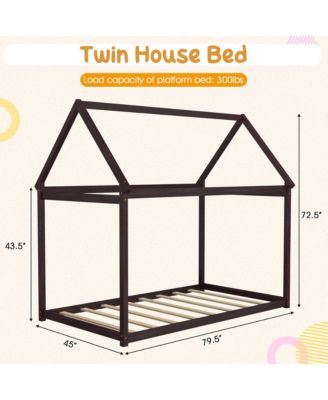 Twin House Bed Wood Frame with Roof for Kids Toddler No Box Spring