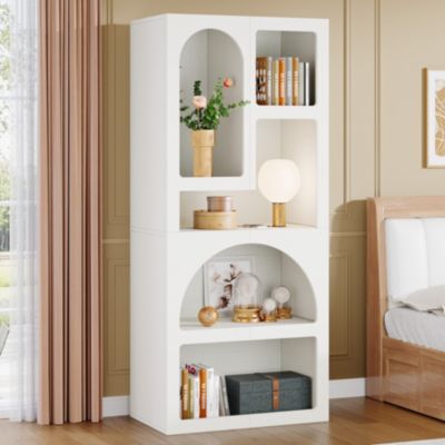 70" Tall Geometric Bookshelf Set of 2, White Arched Bookcase with 5 Irregular Storage Shelves, Modern Open Art Decor Display Shelf