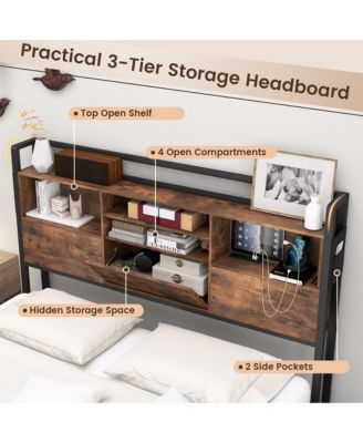 Queen Size Bed Frame w/ Bookcase Headboard & 4 Storage Drawers Vintage Brown