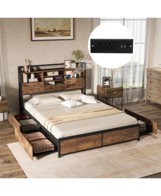 Queen Size Bed Frame w/ Bookcase Headboard & 4 Storage Drawers Vintage Brown