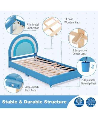Kids Twin Platform Bed Frame Upholstered Twin Size Bed w/ Wooden Slats Support Blue