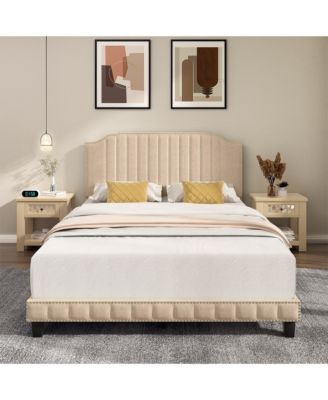 Queen Upholstered Bed Frame with linen fabric vertical lines Rivets headboard