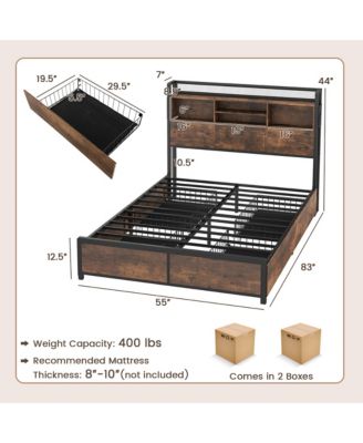 Full Size Bed Frame w/ Bookcase Headboard & 4 Storage Drawers Vintage Brown