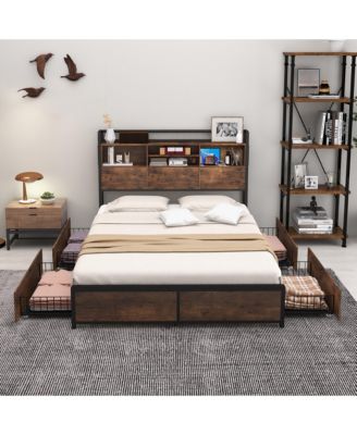 Full Size Bed Frame w/ Bookcase Headboard & 4 Storage Drawers Vintage Brown