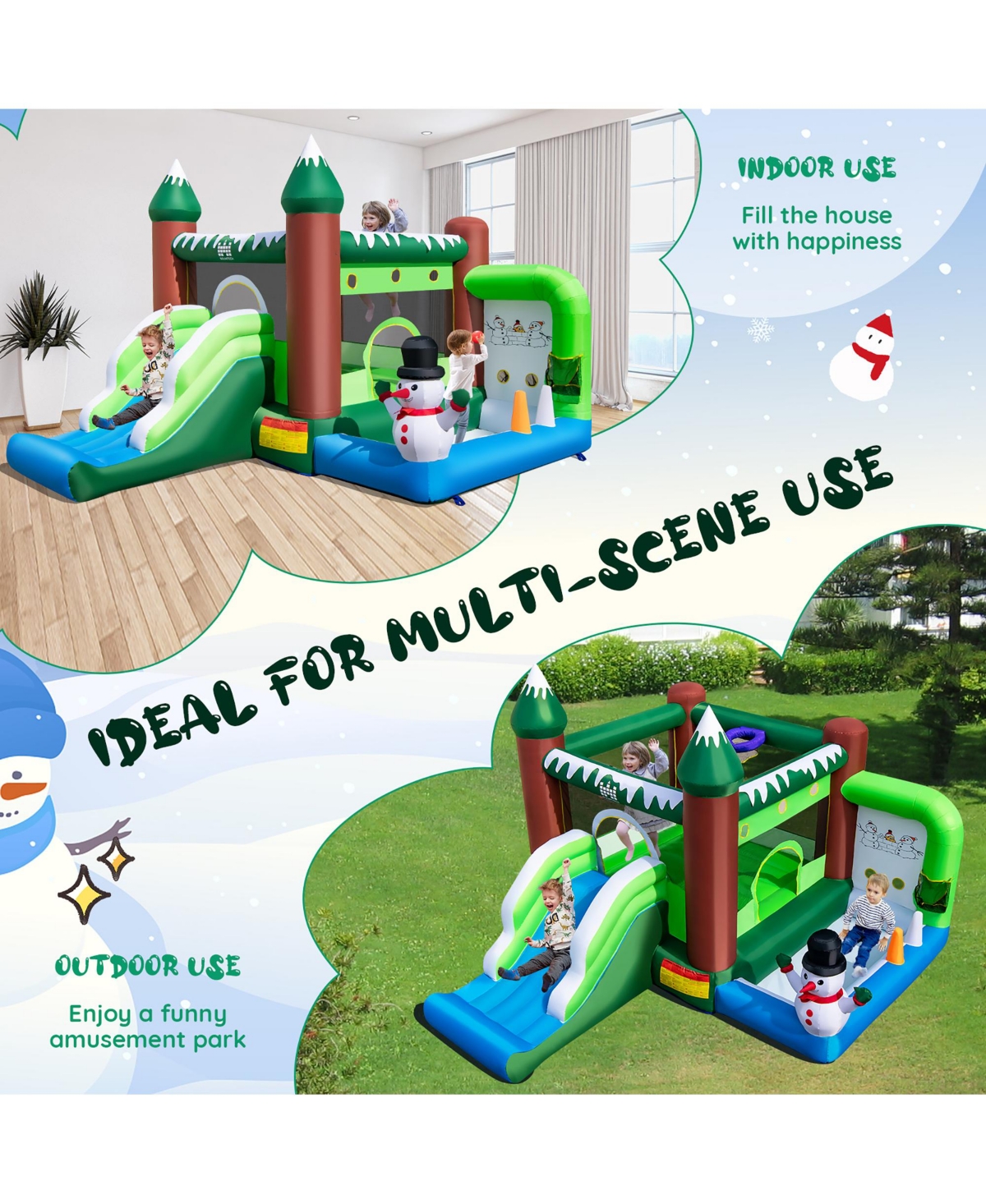 Costway 6-in-1 Winter Themed Snowman Inflatable Castle kids Jumping House with 735W Blower
