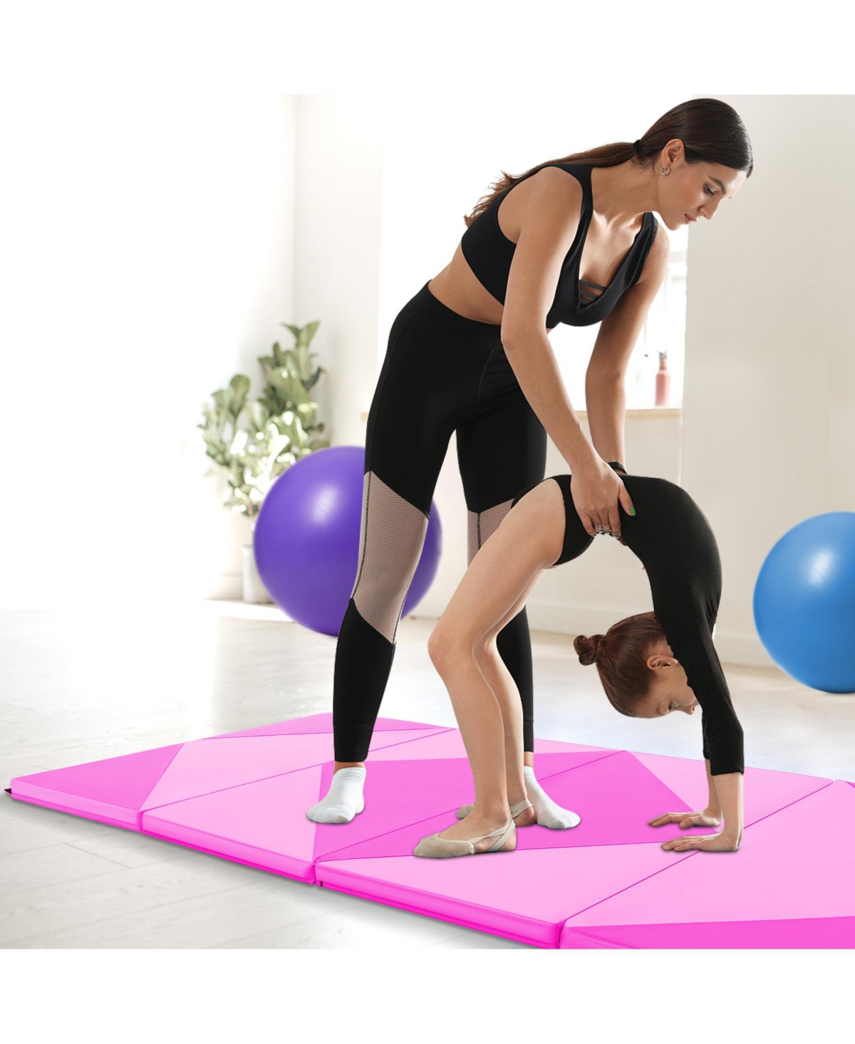 Vebreda 8 Feet Pu Leather Folding Gymnastics Mat with Hook and Loop Fasteners- Pink