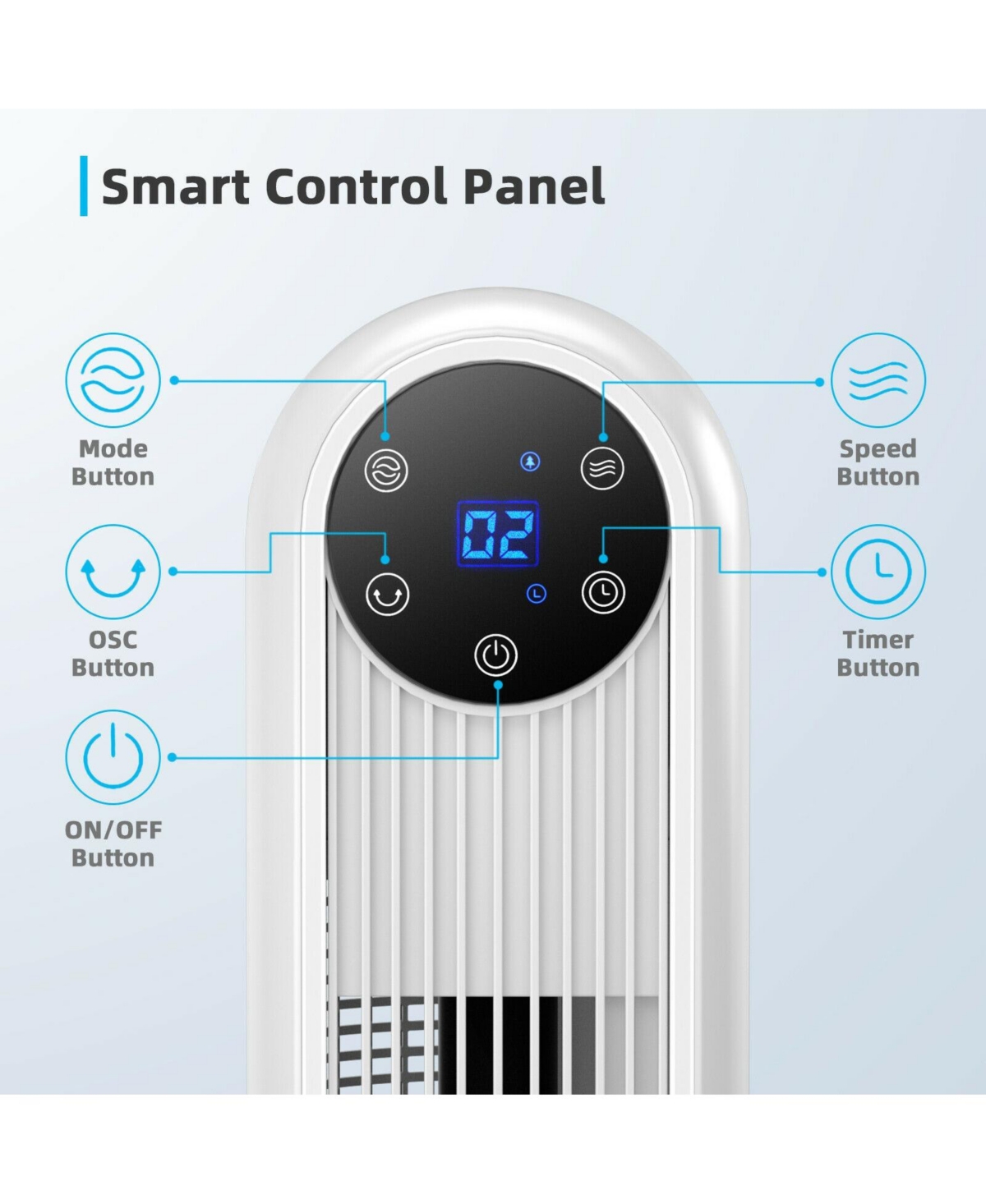 Vebreda 80 Degree Tower Fan with Smart Display Panel and Remote Control- White