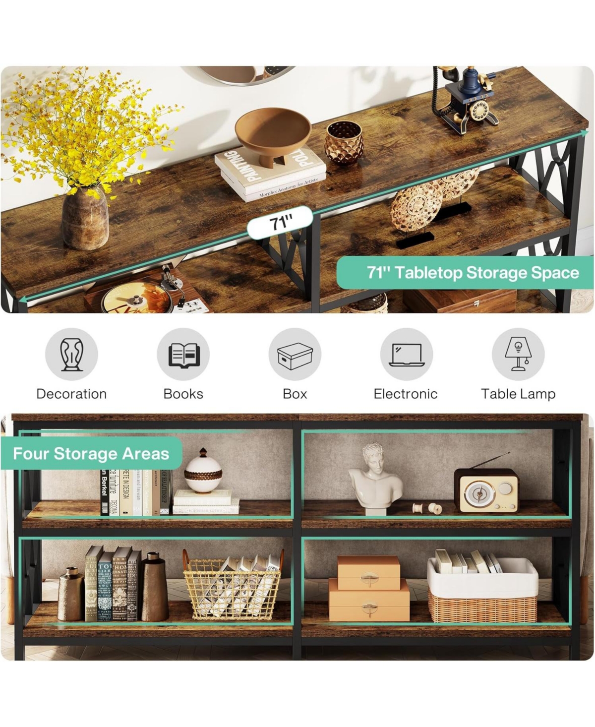 Tribesigns Long Console Table with Storage Shelves, Industrial 3-Tier Sofa Table for Living Room, Foyer Table Entryway Table for Hallway, Front