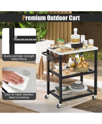 3-Tier Foldable Outdoor Stainless Steel Food Prepare Dining Cart Table on Wheels