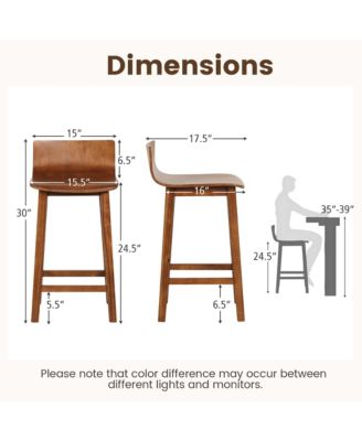 24.5" Wood Bar Stools Set of 2 with Solid Back & Seat Mid Century Bar Chairs