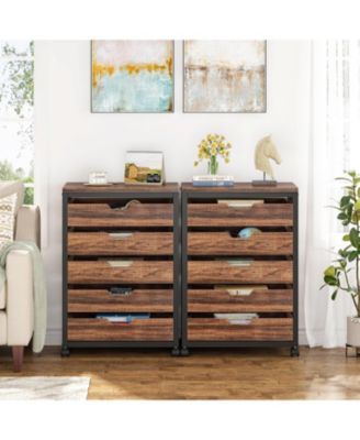 5-Drawer Wood Storage Cabinet with Wheels – Industrial Organizer Cart for Office, Bedroom, Entryway