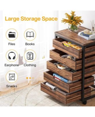 5-Drawer Wood Storage Cabinet with Wheels – Industrial Organizer Cart for Office, Bedroom, Entryway